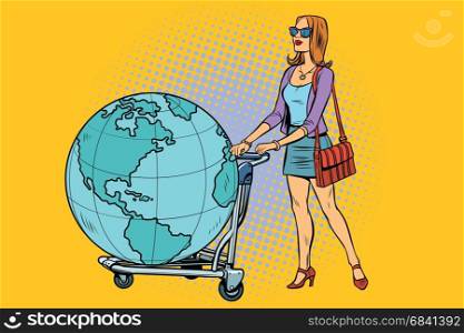 Woman tourist with a Luggage cart with the planet Earth. Pop art retro vector illustration. Woman tourist with a Luggage cart with the planet Earth