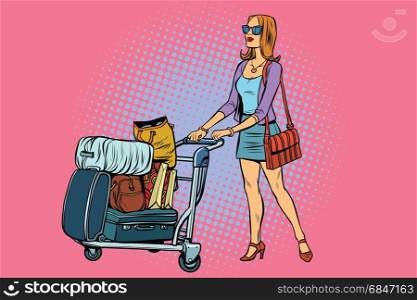 Woman tourist with Luggage cart. Woman tourist with Luggage cart. Pop art retro vector illustration. Woman tourist with Luggage cart
