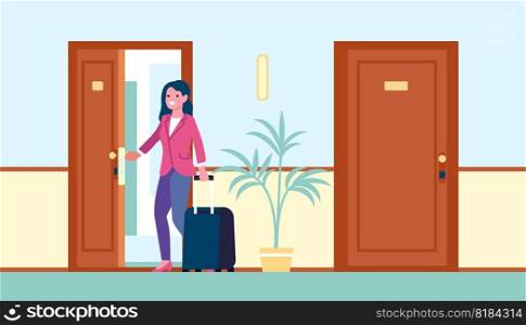 Woman tourist with suitcase walks into hotel room. Female opening door with electronic key. Traveler accommodation in motel. Hostel corridor interior. Guests baggage. Tourism services. Vector concept. Woman tourist with suitcase walks into hotel room. Female opening door with electronic key. Traveler accommodation in motel. Hostel corridor interior. Guests baggage. Vector concept