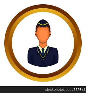 Woman train conductor vector icon in golden circle, cartoon style isolated on white background. Woman train conductor vector icon