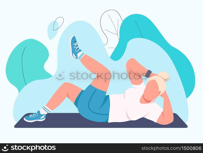 Woman training abs flat color vector faceless character. Female fitness instructor doing crunches isolated cartoon illustration for web graphic design and animation. Domestic abdominal press exercise. Woman training abs flat color vector faceless character