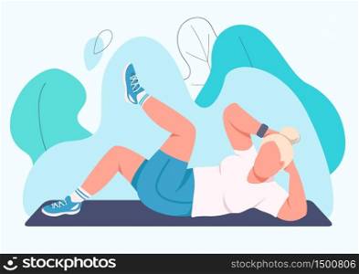 Woman training abs flat color vector faceless character. Female fitness instructor doing crunches isolated cartoon illustration for web graphic design and animation. Domestic abdominal press exercise. Woman training abs flat color vector faceless character