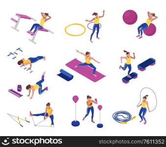 Woman training at gym with jumping rope fitness ball stretcher hoop yoga mat boxing pear isometric set isolated on white background 3d vector illustration