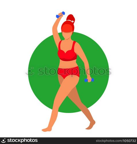 Woman Training with Dumbbells Isolated on White Background. Fit Girl in Red Bikini Exercising Gym. Bodypositive Weight Loss. Workout Healthy Lifestyle Sportswoman Cartoon Flat Illustration Icon. Woman Training with Dumbbells Workout in Gym