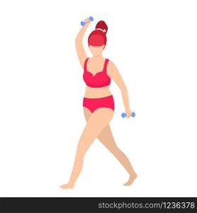 Woman Training with Dumbbells Isolated on White Background. Fit Girl in Red Bikini Exercising Gym. Bodypositive Weight Loss. Workout Healthy Lifestyle Sportswoman Cartoon Flat Illustration, Icon. Woman Training with Dumbbells Isolated on White