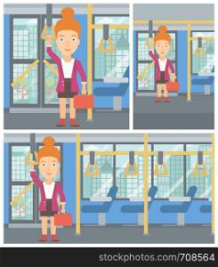 Woman traveling by public transport. Young woman standing inside public transport. Woman traveling by passenger bus or subway. Vector flat design illustration. Square, horizontal, vertical layouts.. Woman traveling by public transport.