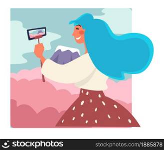 Woman traveling to mountains taking photo or selfie, traveler female character in Japan. Smiling lady or teenager abroad, photographs of landmarks or natural wonders outdoors, vector in flat style. Traveler taking selfie by mount, female character with phone