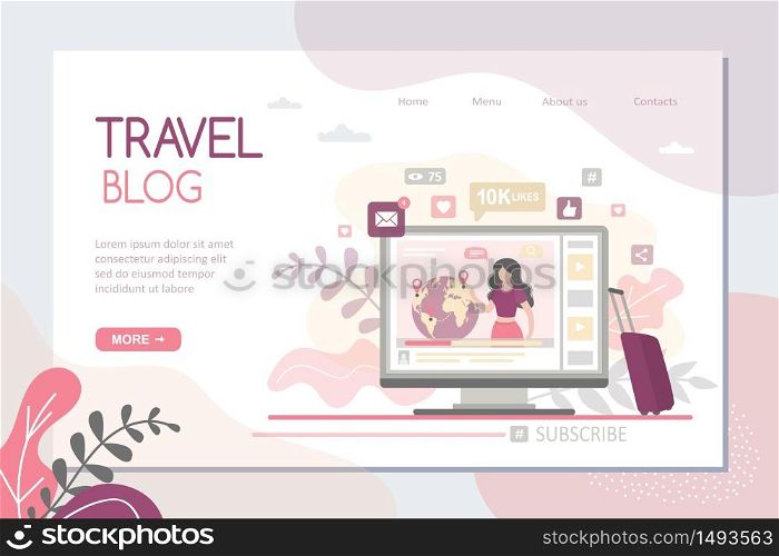 Woman traveller makes a video blog on the tropical coast. Travel blog landing page template. Story for social media and icons of likes, hearts, hashtags. Female blogger on monitor screen. Vector