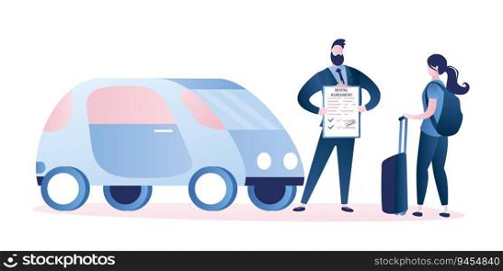 Woman traveller,modern car and clerk with rental agreement in hands. Auto rental concept design. Characters in trendy style. Vector illustration