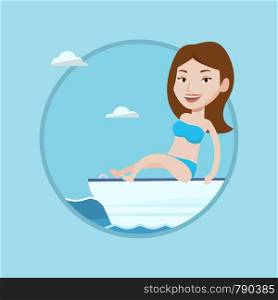 Woman travelling by ship. Tourist tanning on yacht. Woman sitting on the front of yacht. Woman resting during summer cruise trip. Vector flat design illustration in the circle isolated on background.. Young happy woman tanning on sailboat.