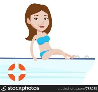 Woman travelling by yacht. Happy tourist tanning on yacht. Girl sitting on the front of yacht. Girl resting during summer trip on yacht. Vector flat design illustration isolated on white background.. Young happy woman tanning on sailboat.