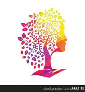 Woman Tree in Hand Vector Template Design. Beauty Spa Woman Leaf Hair Vector Design.	