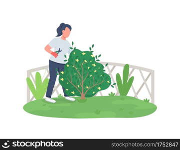 Woman trimming bush flat color vector faceless character. Garden maintenance. Girl cutting hedge. Spring seasonal work isolated cartoon illustration for web graphic design and animation. Woman trimming bush flat color vector faceless character