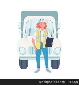 Woman truck driver flat color vector detailed character. Gender equality at workplace. Cheerful female trucker with vehicle isolated cartoon illustration for web graphic design and animation. Woman truck driver flat color vector detailed character