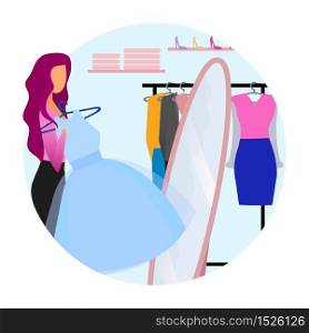 Woman trying on dress flat concept icon. Girl choosing clothes at mall, shop, clothing store sticker. Elegant lady in fitting room character. Shopping, making purchases. Isolated cartoon illustration
