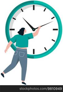 Woman trying to delay deadline. Planning, punctuality, time management. Female character looking at clock. Lady holds arrow to be in time. Punctual businesswoman, hourly work vector illustration. Woman trying to delay deadline. Planning, punctuality, time management. Lady holds clock arrow