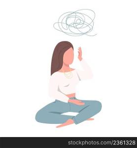 Woman trying to relieving stress and anxiety semi flat color vector character. Sitting figure. Full body person on white. Simple cartoon style illustration for web graphic design and animation. Woman trying to relieving stress and anxiety semi flat color vector character