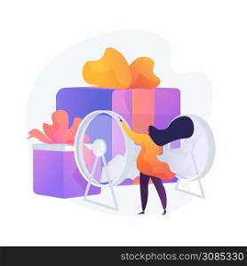 Woman turning raffle drum with tickets. Prize draw, random choice, surprise reward. Gambling entertainment show., jackpot winner selection. Vector isolated concept metaphor illustration. Prize draw vector concept metaphor