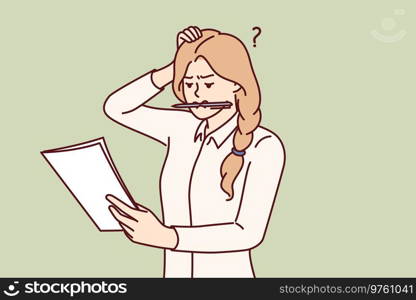 Woman tutor embarrassedly checks essay from student and scratches head, holding pen in teeth. Recruiter girl looks embarrassedly at resume of candidate for vacant position and doubts right decision. Woman tutor embarrassedly checks essay from student and scratches head, holding pen in teeth