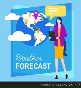 Woman TV Reporter Weather Forecast Vector Illustration. Television Broadcast Professional Meteorologist Girl Cartoon Character Weather Prediction Online Temperature Change Application. Woman Television Reporter Weather Forecasting
