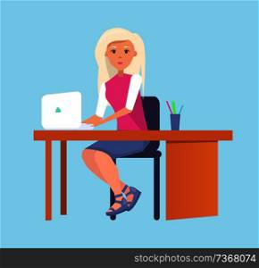 Woman typing on laptop sitting at table vector illustration of female office worker on chair near desk with stationery accessories isolated on blue. Woman Typing on Laptop Sitting at Table Vector