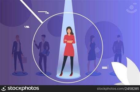 Woman under spotlight through magnifier glass. Employee, candidate, group of people. Human resource concept. Vector illustration can be used for topics like personnel selection, job search, recruiting