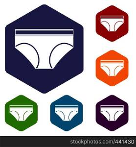 Woman underwear panties icons set hexagon isolated vector illustration. Woman underwear panties icons set hexagon