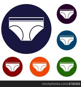 Woman underwear panties icons set in flat circle red, blue and green color for web. Woman underwear panties icons set