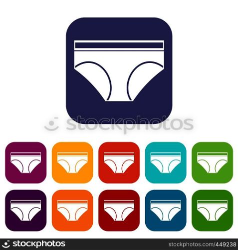 Woman underwear panties icons set vector illustration in flat style In colors red, blue, green and other. Woman underwear panties icons set flat