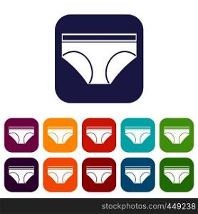 Woman underwear panties icons set vector illustration in flat style In colors red, blue, green and other. Woman underwear panties icons set flat