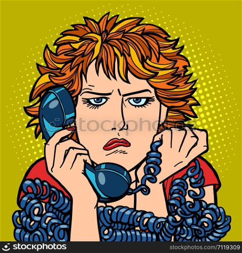 woman upset sad. human emotion. telephone conversation. Comic cartoon pop art retro vector illustration drawing. woman upset sad. human emotion. telephone conversation