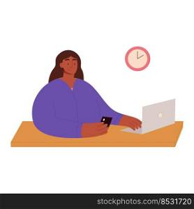 Woman use computer or laptop, smartphone at comfortable workplace. Freelancing, online education, social media. Working remotely at his desk at home office. Vector illustration in cartoon flat style