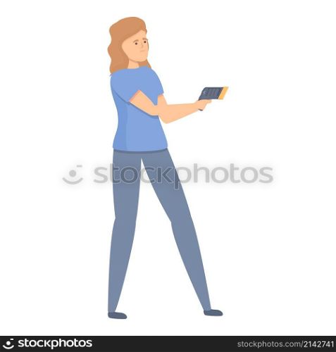 Woman use electric pistol icon cartoon vector. Self defence. Martial fight. Woman use electric pistol icon cartoon vector. Self defence