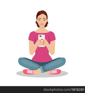 Woman user smartphone. Young woman playing with smartphone, using mobile phone. Vector illustration in flat style. Woman user smartphone