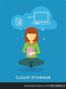 Woman Uses Cloud Storage on her Tablet. Cloud storage design concept. Woman uses cloud storage on tablet. Storage and cloud computing backup online data network internet web storage connection. Vector design illustraion in flat style