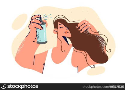 Woman uses hairspray and prepares for party by applying spray to create beautiful hairstyle. Young girl wants to have magnificent hairstyle and be attractive or in demand among men.. Woman uses hairspray and prepares for party by applying spray to create beautiful hairstyle