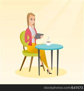 Woman using a tablet computer in the cafe. Happy woman surfing in the social network. Woman rewriting in the social network. Social network concept. Vector flat design illustration. Square layout.. Woman surfing in the social network in the cafe.