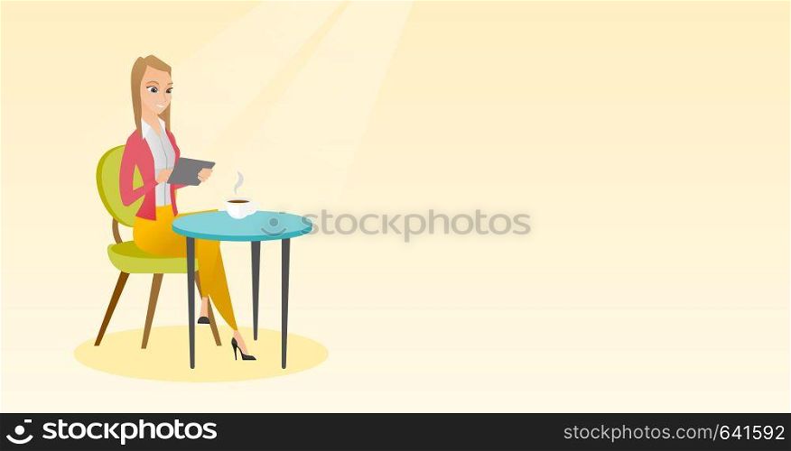 Woman using a tablet computer in the cafe. Happy woman surfing in the social network. Woman rewriting in the social network. Social network concept. Vector flat design illustration. Horizontal layout.. Woman surfing in the social network in the cafe.