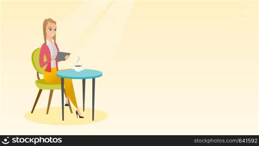 Woman using a tablet computer in the cafe. Happy woman surfing in the social network. Woman rewriting in the social network. Social network concept. Vector flat design illustration. Horizontal layout.. Woman surfing in the social network in the cafe.