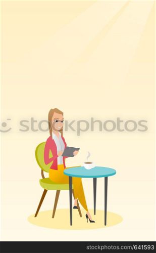 Woman using a tablet computer in the cafe. Happy woman surfing in the social network. Woman rewriting in the social network. Social network concept. Vector flat design illustration. Vertical layout.. Woman surfing in the social network in the cafe.