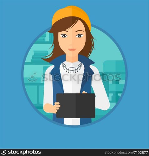 Woman using a tablet computer in the office. Business woman working with a digital tablet. Business woman holding digital tablet. Vector flat design illustration in the circle isolated on background.. Woman using tablet computer.