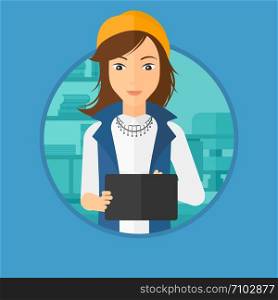 Woman using a tablet computer in the office. Business woman working with a digital tablet. Business woman holding digital tablet. Vector flat design illustration in the circle isolated on background.. Woman using tablet computer.