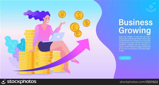 Woman using computer app for online banking and business growing. A girl sitting on stacked coins. Savings or income increase, growth. Flat design vector illustration