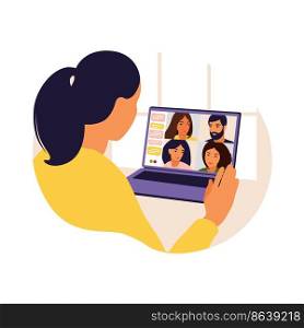 Woman using computer for collective virtual meeting and group video conference. Man at desktop chatting with friends online. Video conference, remote work, technology concept.
