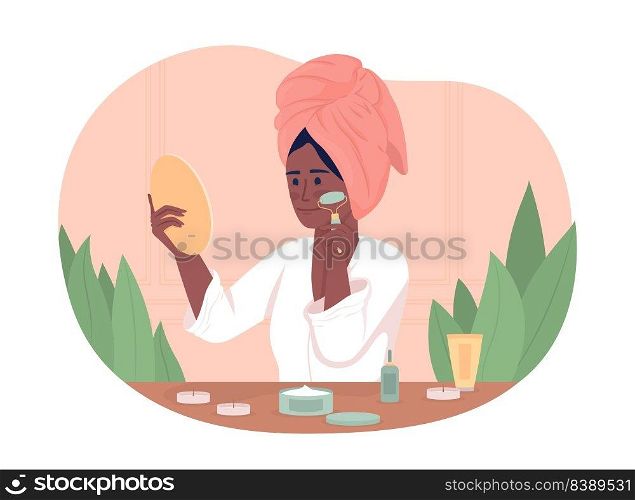 Woman using face roller at home 2D vector isolated illustration. Massaging face flat character on cartoon background. Cosmetology colourful editable scene for mobile, website, presentation. Woman using face roller at home 2D vector isolated illustration