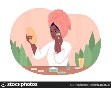 Woman using face roller at home 2D vector isolated illustration. Massaging face flat character on cartoon background. Cosmetology colourful editable scene for mobile, website, presentation. Woman using face roller at home 2D vector isolated illustration