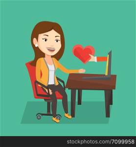 Woman using laptop and dating online. Caucasian woman looking for online date on the internet. Woman dating online and getting virtual love message. Vector flat design illustration. Square layout.. Young woman dating online using laptop.