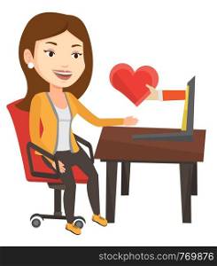 Woman using laptop and dating online. Woman looking for online date on the internet. Woman dating online and getting virtual love message. Vector flat design illustration isolated on white background.. Young woman dating online using laptop.