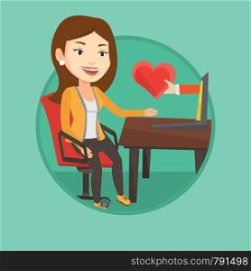 Woman using laptop and dating online. Woman looking for online date on the internet. Woman dating online and getting love message. Vector flat design illustration in the circle isolated on background.. Young woman dating online using laptop.