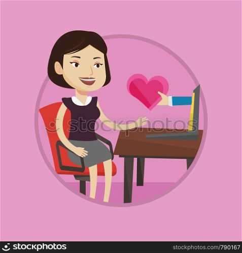Woman using laptop for dating online. Caucasian woman looking for online date. Woman dating online and getting virtual love message.Vector flat design illustration in the circle isolated on background. Young woman dating online using laptop.